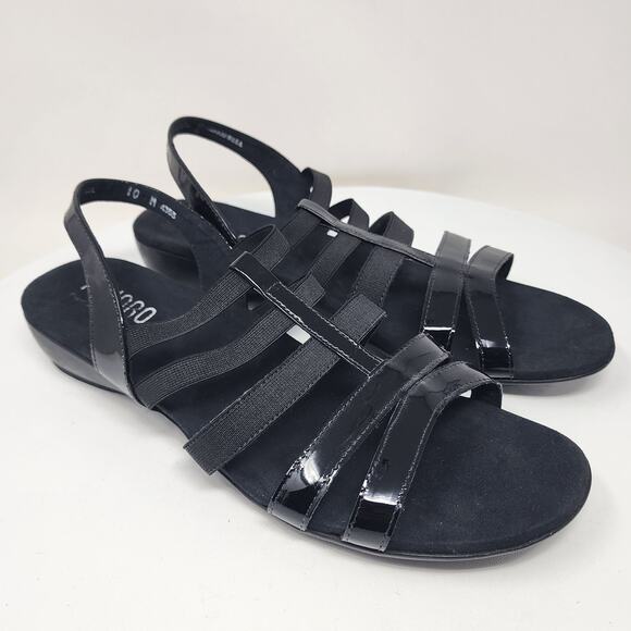 Munro Bev Strappy Sandal Women 10M Black Patent Leather & Elastic Comfort Shoes - Picture 1 of 14